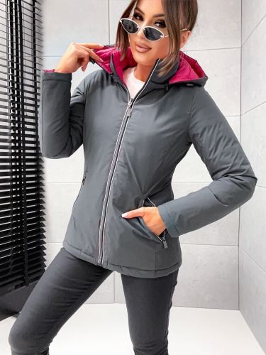 Damska kurtka przejściowa dwustronna w kolorze szarym i różowym na białym tle.