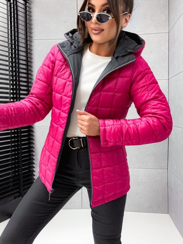 Damska kurtka przejściowa dwustronna w kolorze szarym i różowym na białym tle.