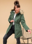 Ciepła zimowa kurtka damska PARKA z misiem W620 - ZIELONA z brązem 