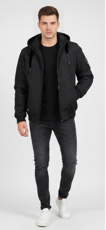 Kurtka meska wiosenna pikowana przejsciowa z kapturem czarna na suwak