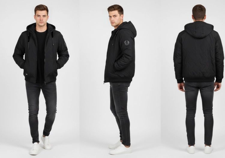 Kurtka meska wiosenna pikowana przejsciowa z kapturem czarna na suwak