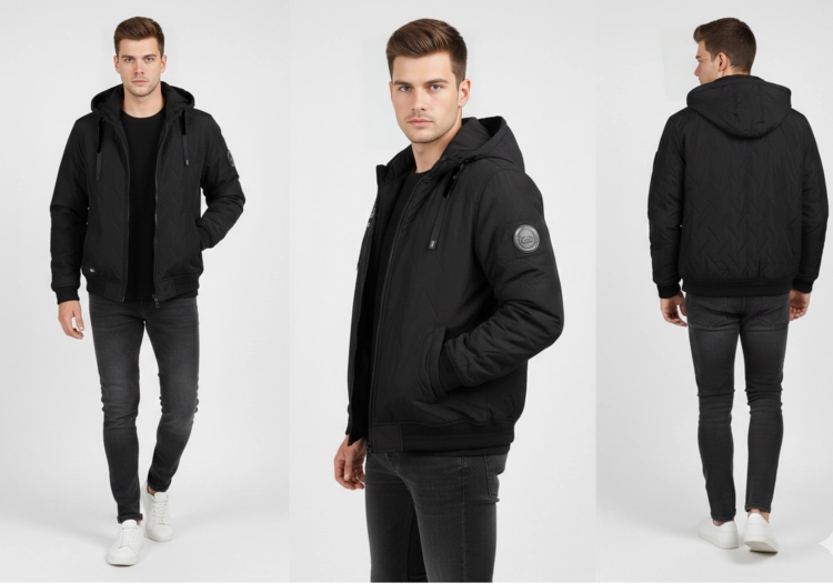 Meska wiosenna kurtka z kapturem zapinana na suwak w kolorze czarnym