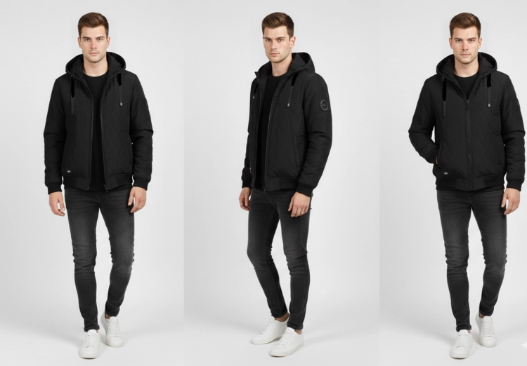 Kurtka meska wiosenna pikowana przejsciowa z kapturem czarna na suwak