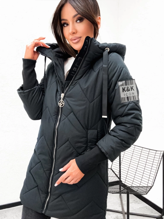 Czarna kurtka damska parka pikowana Happy House widok przod