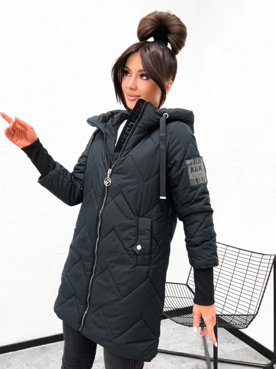 Czarna kurtka damska parka pikowana Happy House widok przod