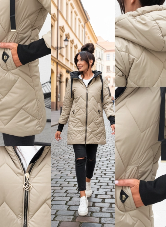 Pikowana tkanina bezowej kurtki damskiej