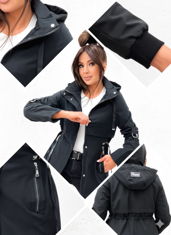 Regulacja sznurkiem w pasie czarnej kurtki damskiej Happy House podkreślenie talii