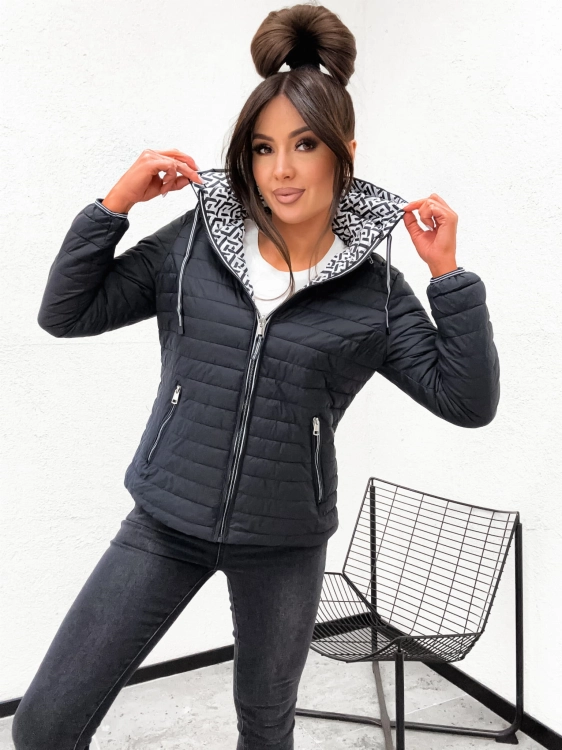 Kurtka damska wiosenna pikowana dwustronna z kapturem czarna