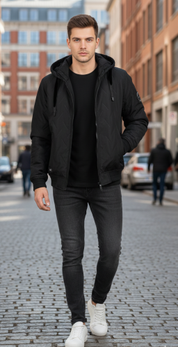 Kurtka meska wiosenna z kapturem kolor czarny pikowana zapinana na suwak