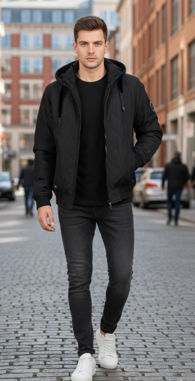 Kurtka meska wiosenna z kapturem kolor czarny pikowana zapinana na suwak