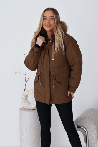 Kurtka zimowa damska parka z misiem brazowa