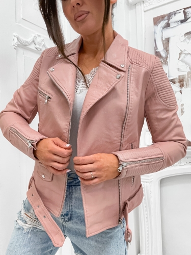 Kurtka damska wiosenna ramoneska rozowa eko skórzana