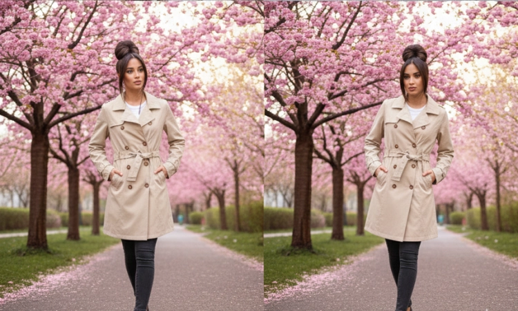 Modelka w jasnobeżowym płaszczu wiosennym w eleganckiej, miejskiej stylizacji.