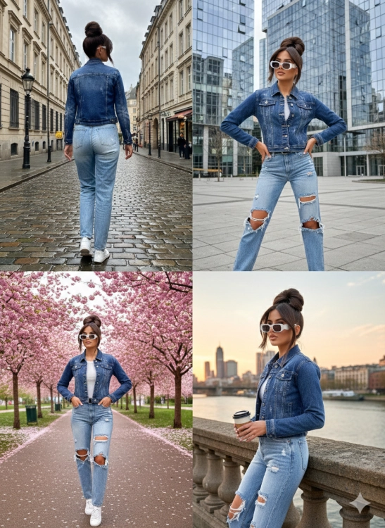 Modelka w lekkiej elastycznej katanie jeansowej w wiosennej stylizacji.
