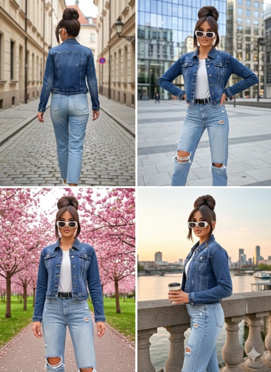 Modelka w lekkiej elastycznej katanie jeansowej w wiosennej stylizacji.