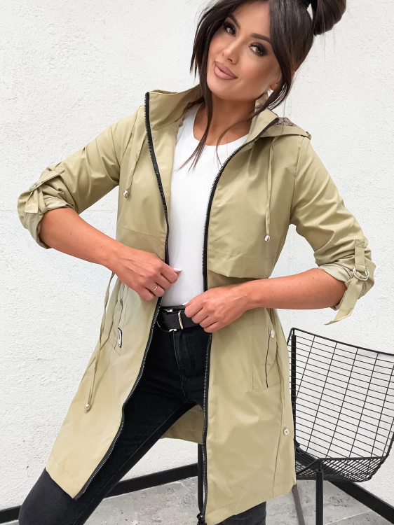 Ciemnobezowa kurtka damska parka Happy House z regulacja w pasie i kieszeniami na suwak