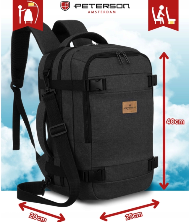 P5 Kabinowy plecak z paskiem podróżny RYANAIR/WIZZAIR 40x20x25 cm ciemnoszary