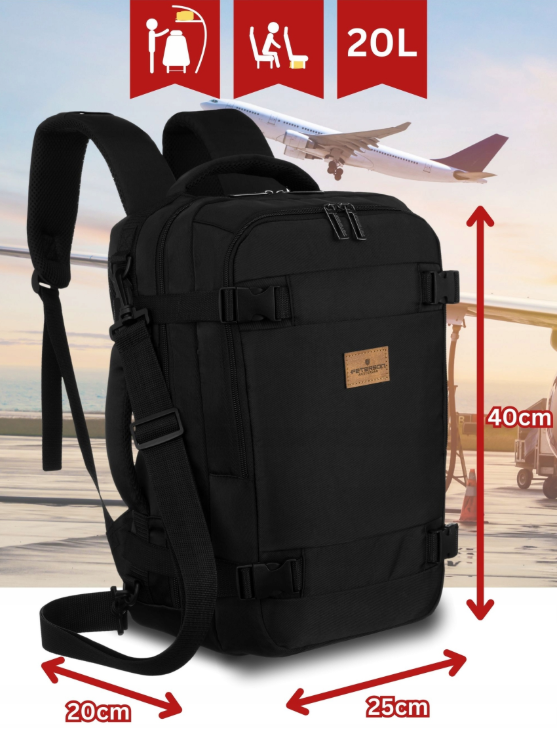 P7 Kabinowy plecak podróżny z paskiem RYANAIR/WIZZAIR (40X20X25) czarny