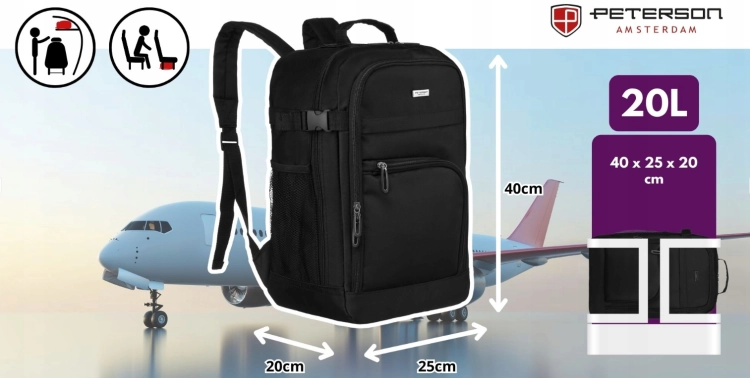 P8 Kabinowy plecak podróżny RYANAIR/WIZZAIR (40x30x20) czarny