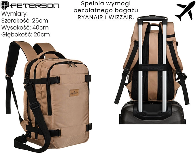 P18 kabinowy plecak 40x20x25 bagaż podręczny beżowy