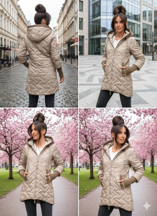 Modelka w ciemnobeżowej kurtce pikowanej w eleganckiej jesiennej stylizacji.