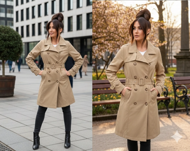 Modelka w ciemnobeżowym płaszczu przejściowym w eleganckiej stylizacji.