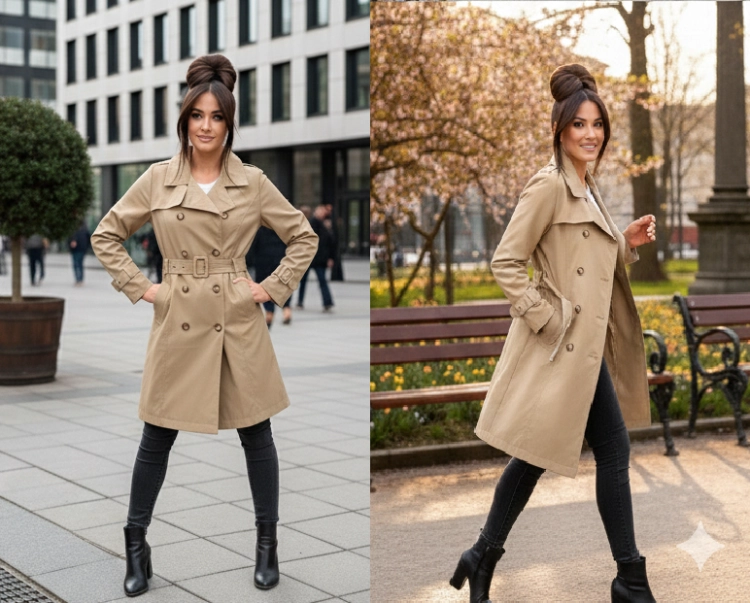Modelka w ciemnobeżowym płaszczu przejściowym w eleganckiej stylizacji.