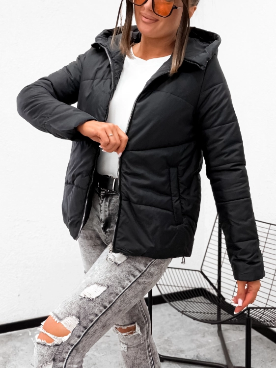 KURTKA DAMSKA JESIENNA PRZEJSCIOWA PIKOWANA Z KAPTUREM CZARNA 2236